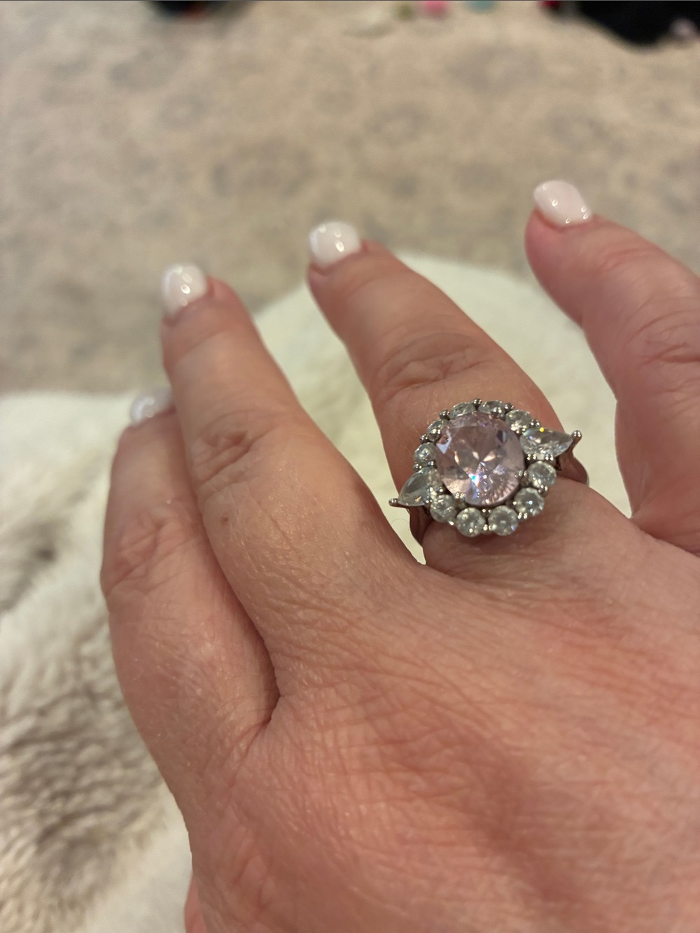 Macy's Silver Ring with Pale Pink Center and Clear Halo